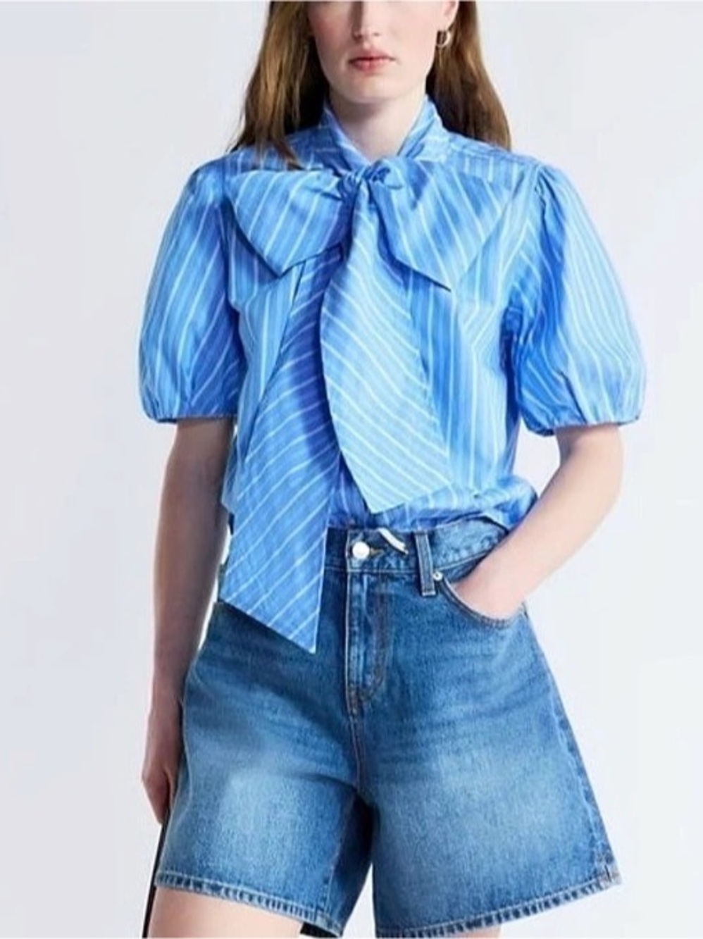 Free Assembly Blue & White Striped Bow Blouse New with tags